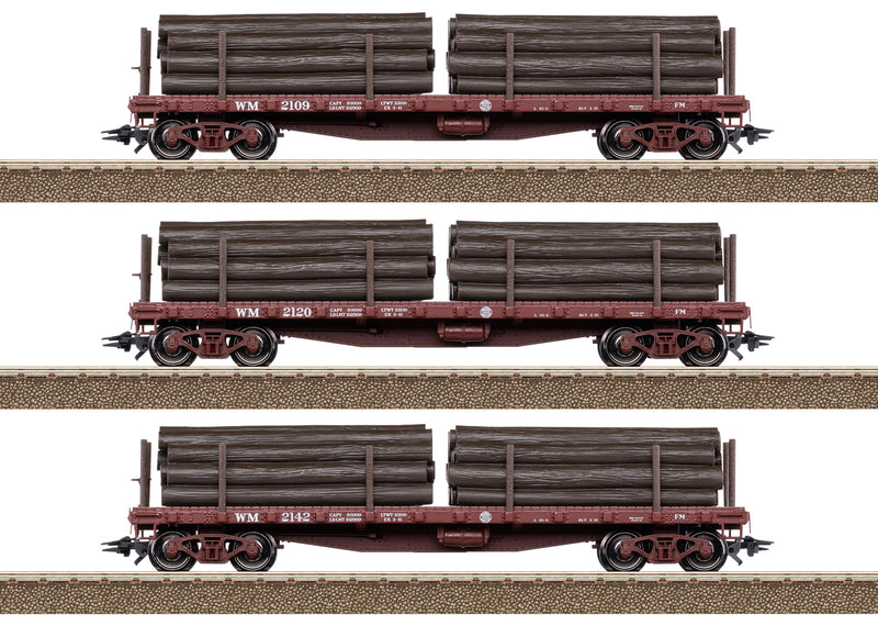 Trix 24922 HO Scale 40' Flat Car with Mining Timber Load Western Maryland (3 Pack)