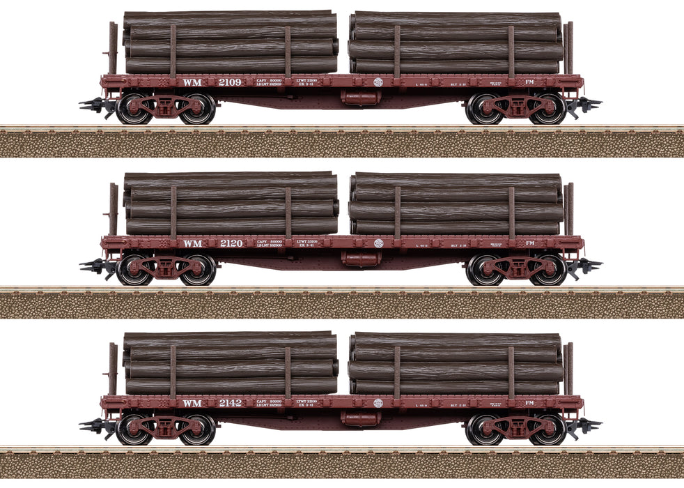 Trix 24922 HO Scale 40' Flat Car with Mining Timber Load Western Maryland (3 Pack)