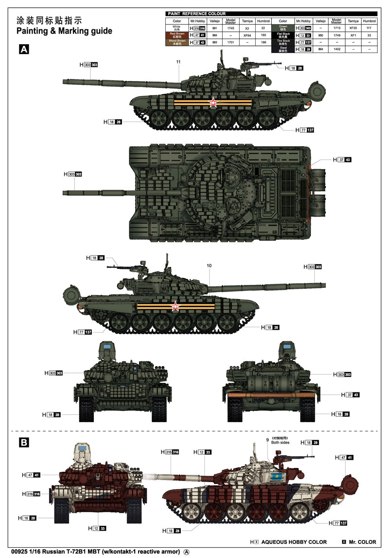 Trumpeter Scale Models 925 1/16 Russian T72B/B1 1986 Tank Model Kit