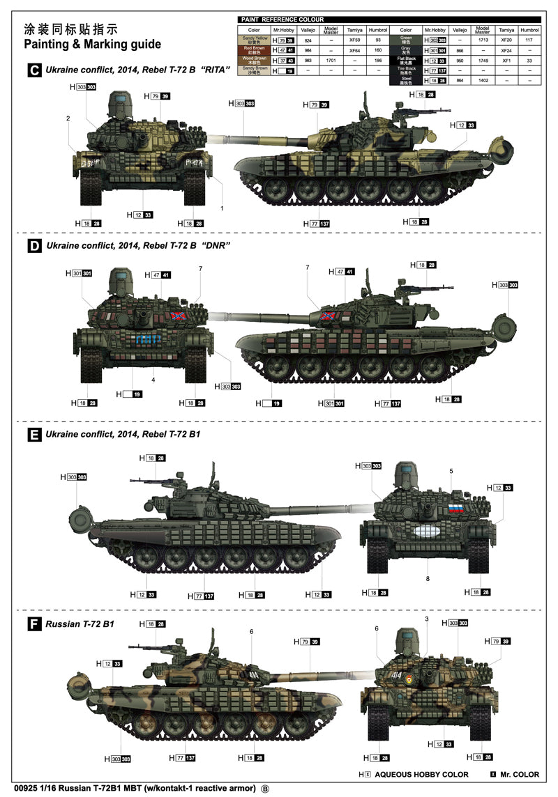 Trumpeter Scale Models 925 1/16 Russian T72B/B1 1986 Tank Model Kit