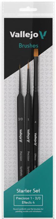 Vallejo 3990 Starter Synthetic Brush Set: Precision Round 3/0 & 1, Effects Flat 4