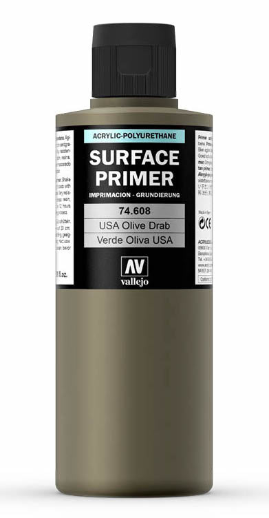 Vallejo 74.608 US Olive Drab Waterbased Surface Primer 200ml Bottle