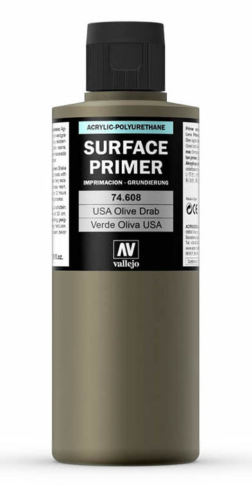 Vallejo 74.608 US Olive Drab Waterbased Surface Primer 200ml Bottle