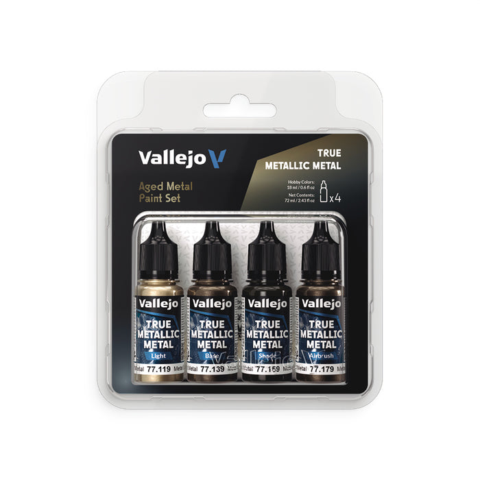 Vallejo 77.258 Aged Metal True Metallic Metal Paint Set (4 Colors)