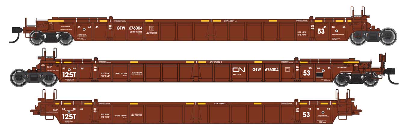 Walthers Mainline 910-55805 NSC 3-Unit 53' Well Car Canadian National CN GTW 676004