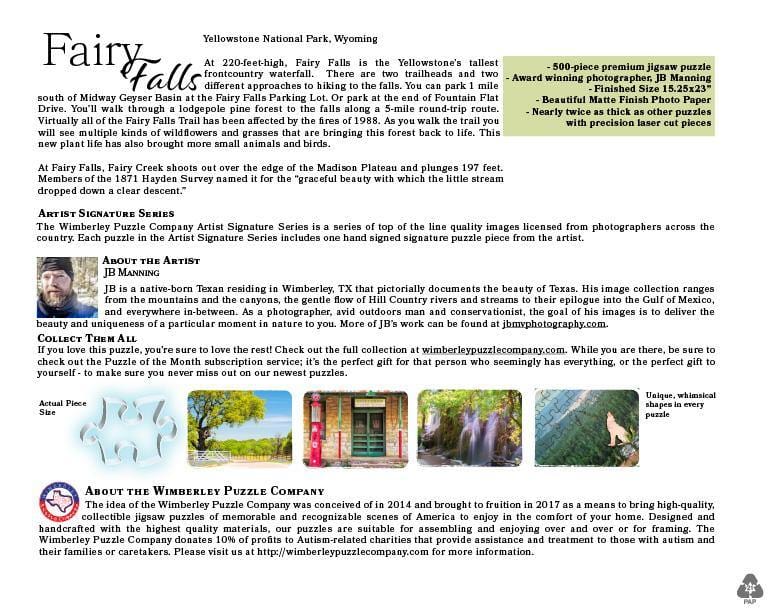 Wimberley Puzzle Company Yellowstone, Fairy Falls | Yellowstone National Park Puzzle | 250, 500, 1000 Pieces