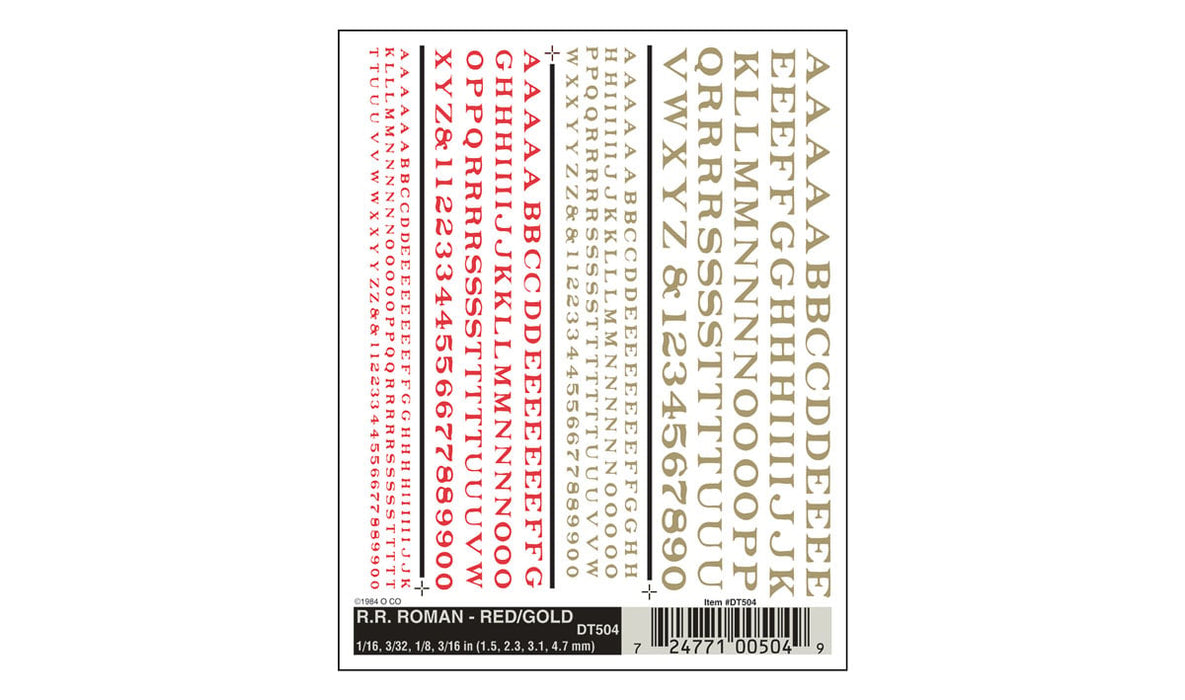 Woodland Scenics DT504 Dry Transfer Decals - Railroad Roman Letters, Red and Yellow