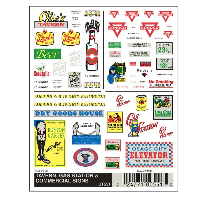 Woodland Scenics DT551 Dry Transfer Decals - Tavern,Gas, & Commercial Signs