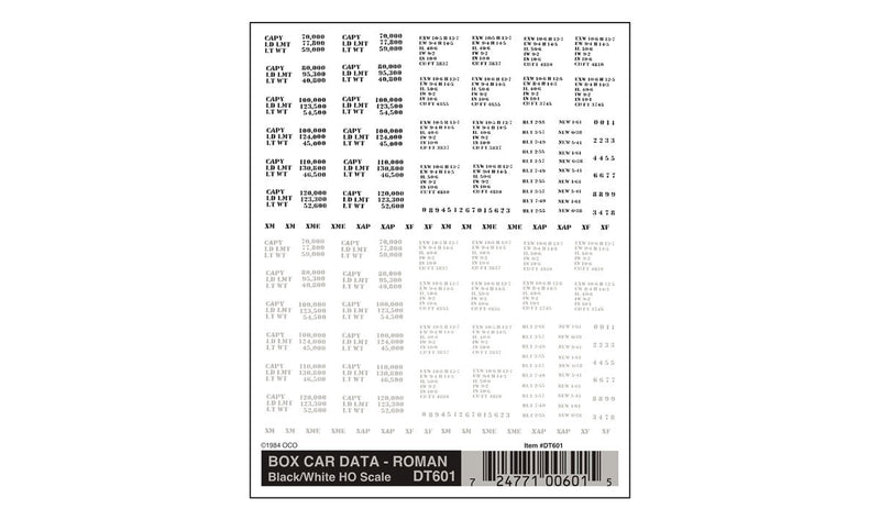 Woodland Scenics DT601 HO Scale Dry Transfer Decals - Boxcar Data Roman, Black and White
