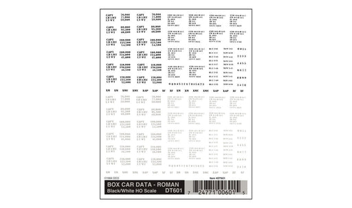 Woodland Scenics DT601 HO Scale Dry Transfer Decals - Boxcar Data Roman, Black and White