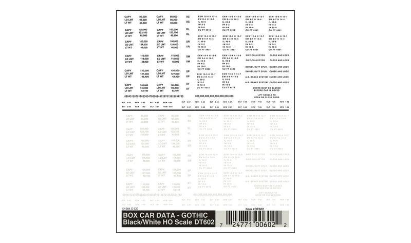 Woodland Scenics DT602 HO Scale Dry Transfer Decals - Boxcar Data Gothic, Black and White