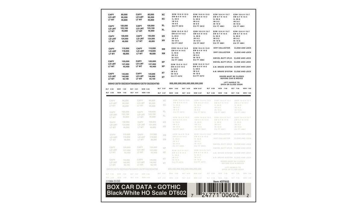 Woodland Scenics DT602 HO Scale Dry Transfer Decals - Boxcar Data Gothic, Black and White