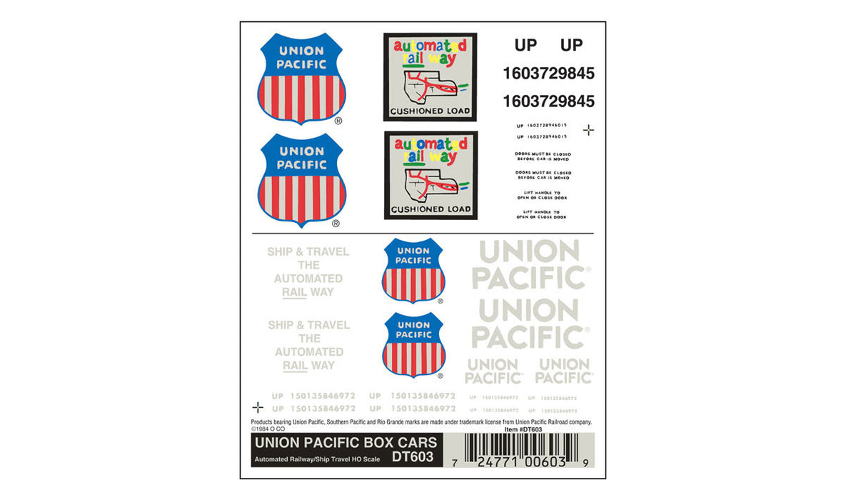 Woodland Scenics DT603 HO Scale Dry Transfer Decals - Boxcar, Union Pacific UP