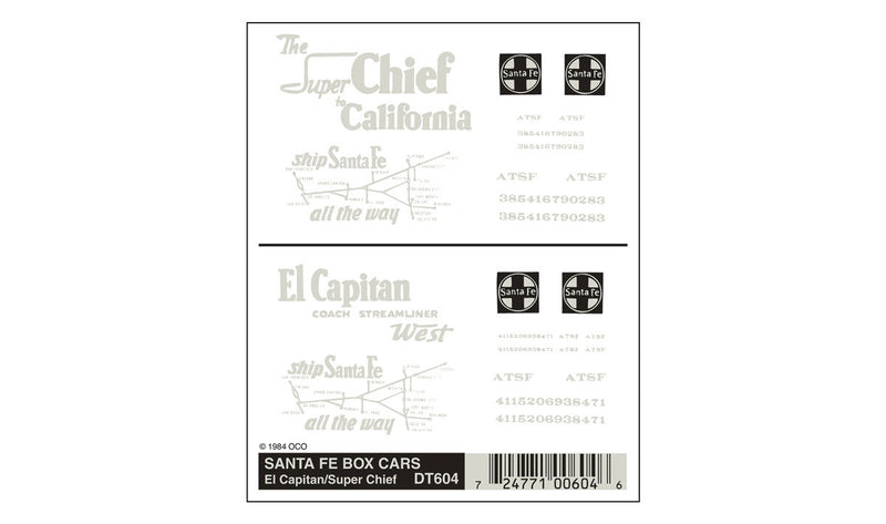 Woodland Scenics DT604 HO Scale Dry Transfer Decals - Boxcar Santa Fe Super Chief El Capitan