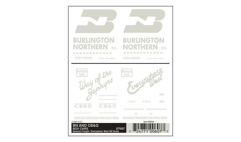 Woodland Scenics DT607 HO Scale Dry Transfer Decals - Boxcar, Burlington Northern / BN and CB&Q