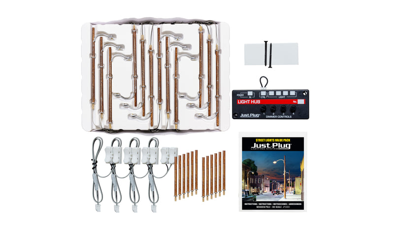 Woodland Scenics JP5900 HO Scale Just Plug Value Pack Wooden Pole Lamp Post with Light Hub