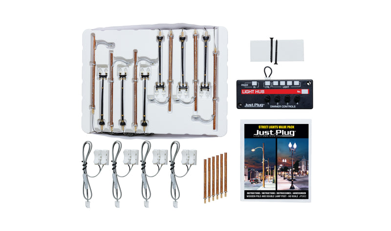 Woodland Scenics JP5902 HO Scale Just Plug Value Pack Double Pole and Wooden Pole Lamp Post with Light Hub