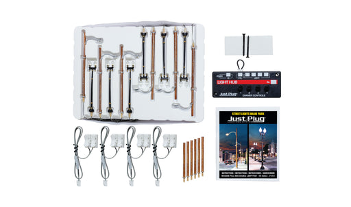 Woodland Scenics JP5902 HO Scale Just Plug Value Pack Double Pole and Wooden Pole Lamp Post with Light Hub