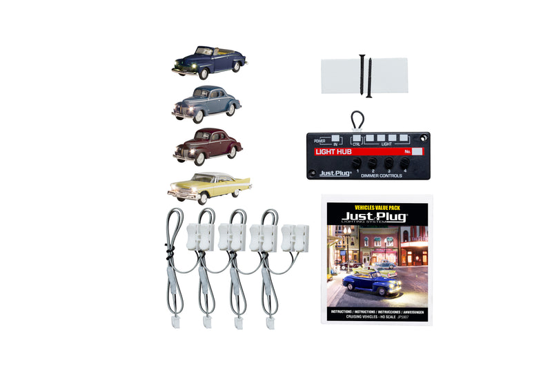 Woodland Scenics JP5907 HO Scale Just Plug Value Pack Cruising Vehicles with Light Hub
