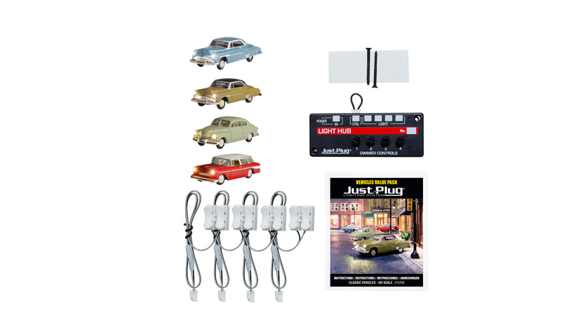 Woodland Scenics JP5908 HO Scale Just Plug Value Pack Classic Vehicles with Light Hub