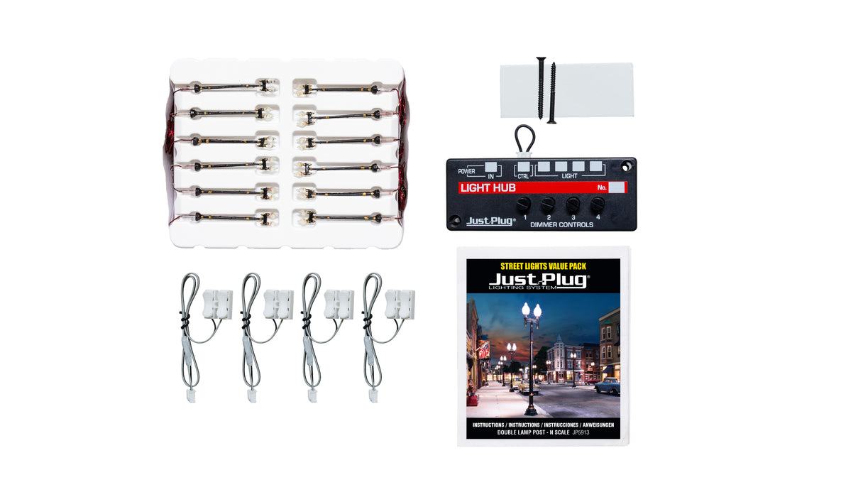 Woodland Scenics JP5913 N Scale Just Plug Value Pack Double Pole Lamp Post with Light Hub