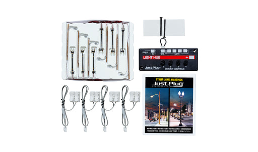 Woodland Scenics JP5914 N Scale Just Plug Value Pack Double Pole and Wooden Pole Lamp Post with Light Hub