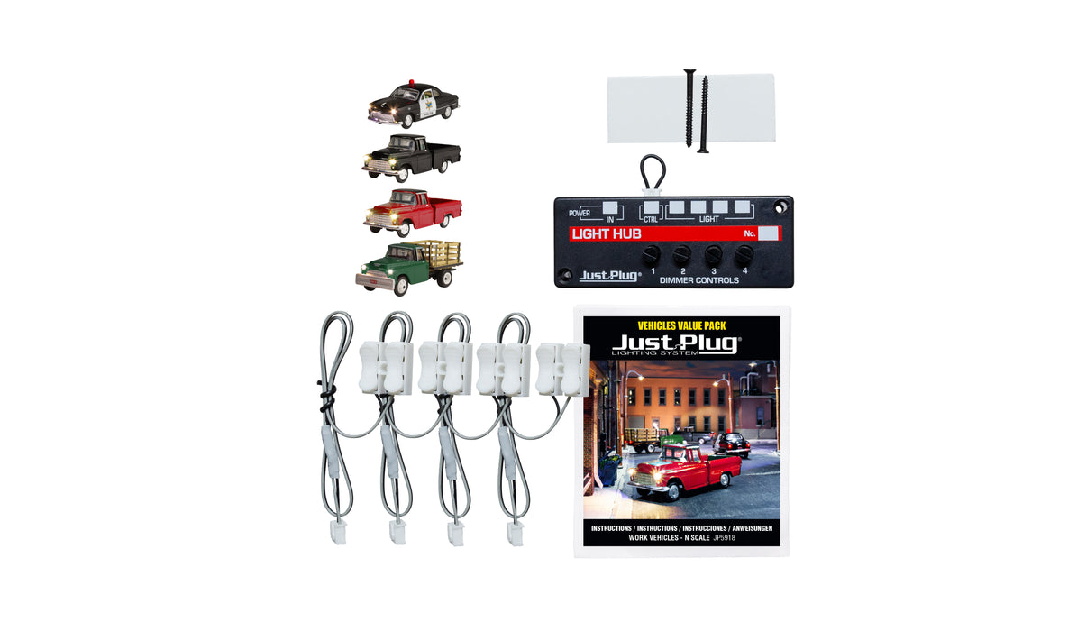 Woodland Scenics JP5918 N Scale Just Plug Value Pack Work Vehicles with Light Hub