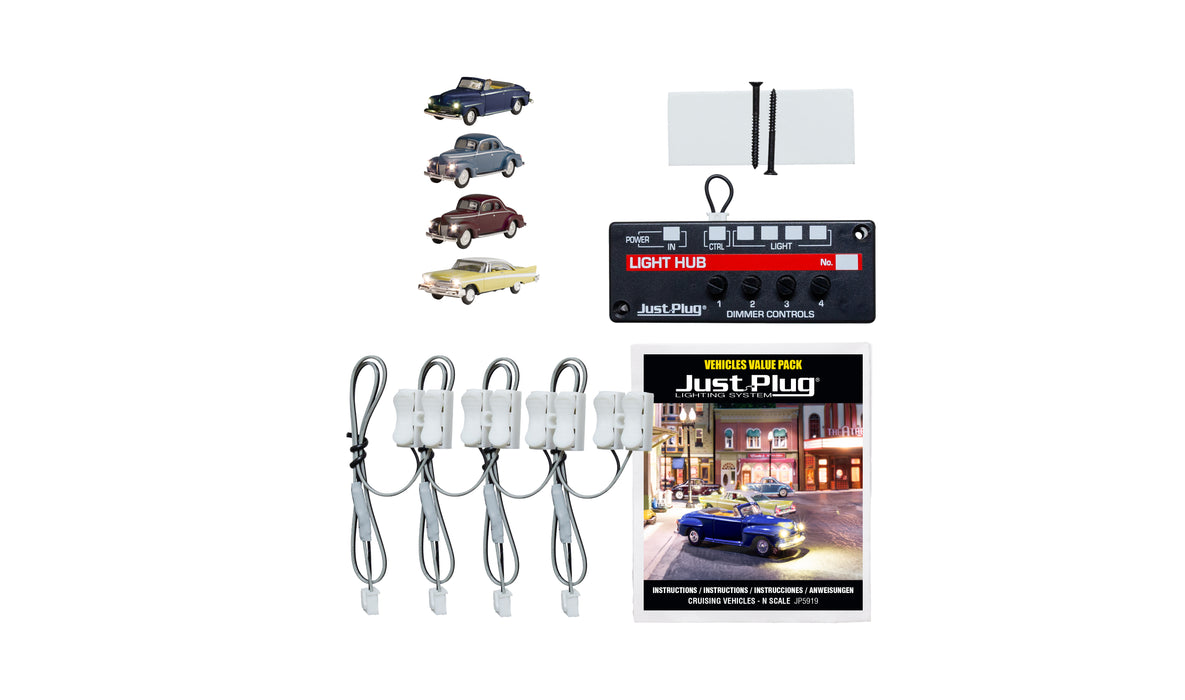 Woodland Scenics JP5919 N Scale Just Plug Value Pack Cruising Vehicles with Light Hub