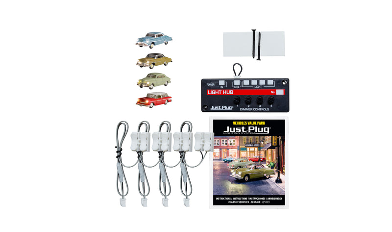 Woodland Scenics JP5920 N Scale Just Plug Value Pack Classic Vehicles with Light Hub