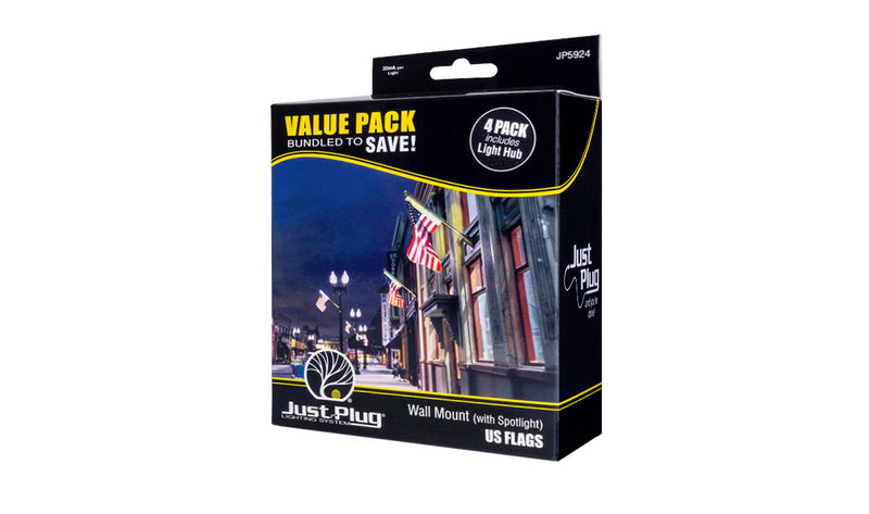 Woodland Scenics JP5924 Just Plug Value Pack with Wall Mount U.S. Flags, Spotlights, and Light Hub