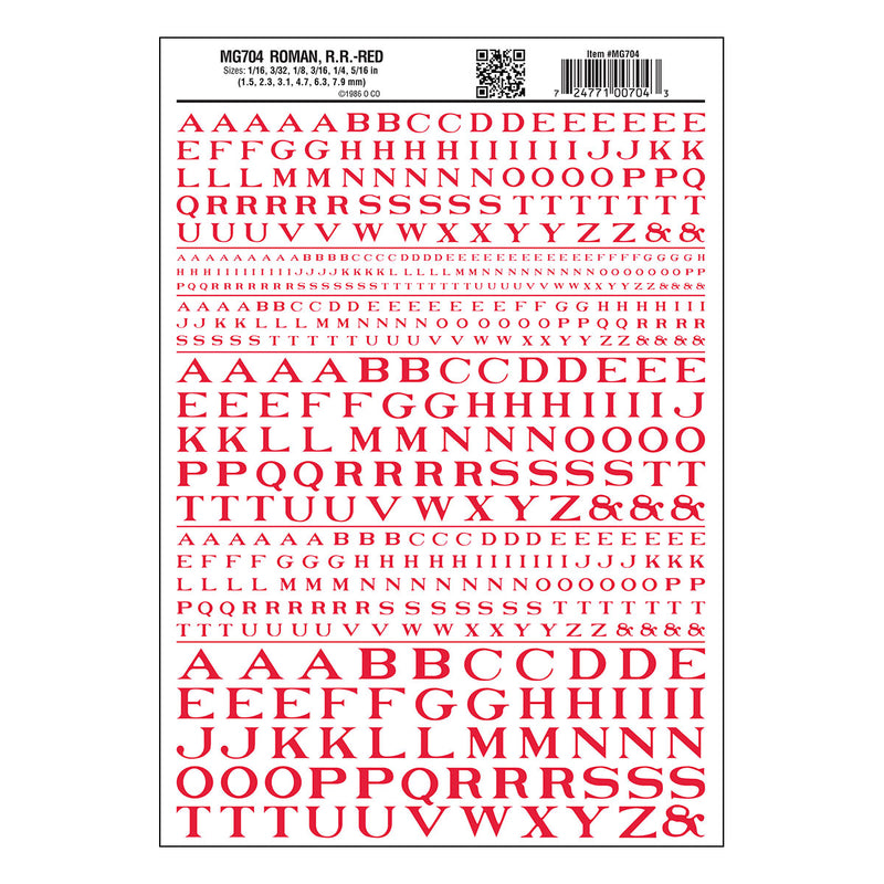 Woodland Scenics MG704 Model Graphics, Roman Letters, Red