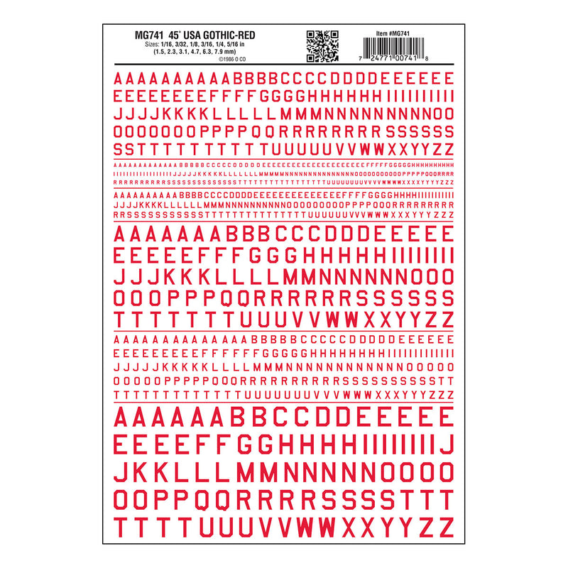 Woodland Scenics MG741 Model Graphics, Gothic 45-Degree USA Letters, Red