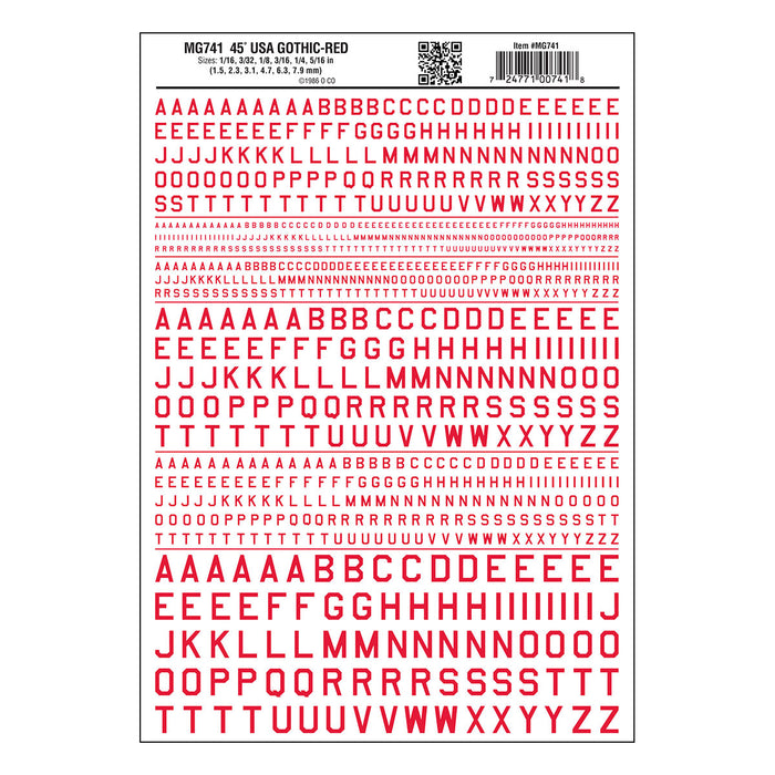 Woodland Scenics MG741 Model Graphics, Gothic 45-Degree USA Letters, Red
