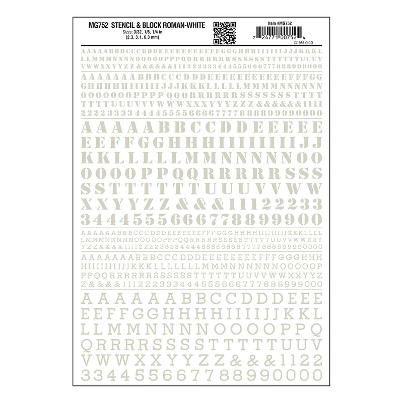 Woodland Scenics MG752 Model Graphics, Roman Stencil / Block Letters, White