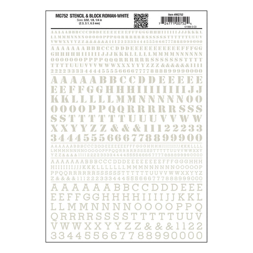 Woodland Scenics MG752 Model Graphics, Roman Stencil / Block Letters, White