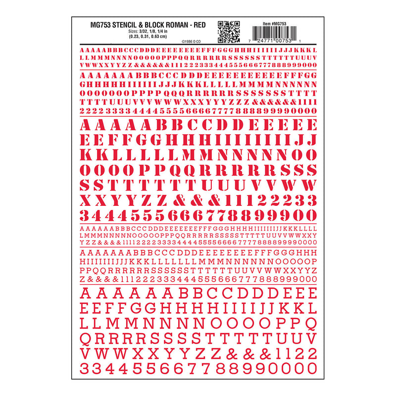 Woodland Scenics MG753 Model Graphics, Roman Stencil / Block Letters, Red