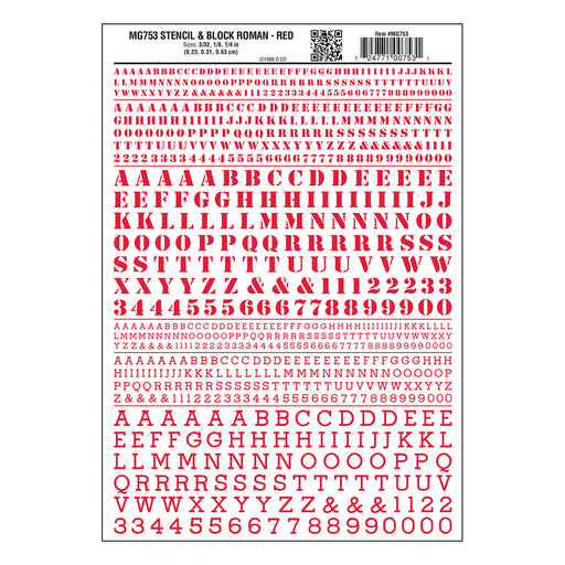 Woodland Scenics MG753 Model Graphics, Roman Stencil / Block Letters, Red