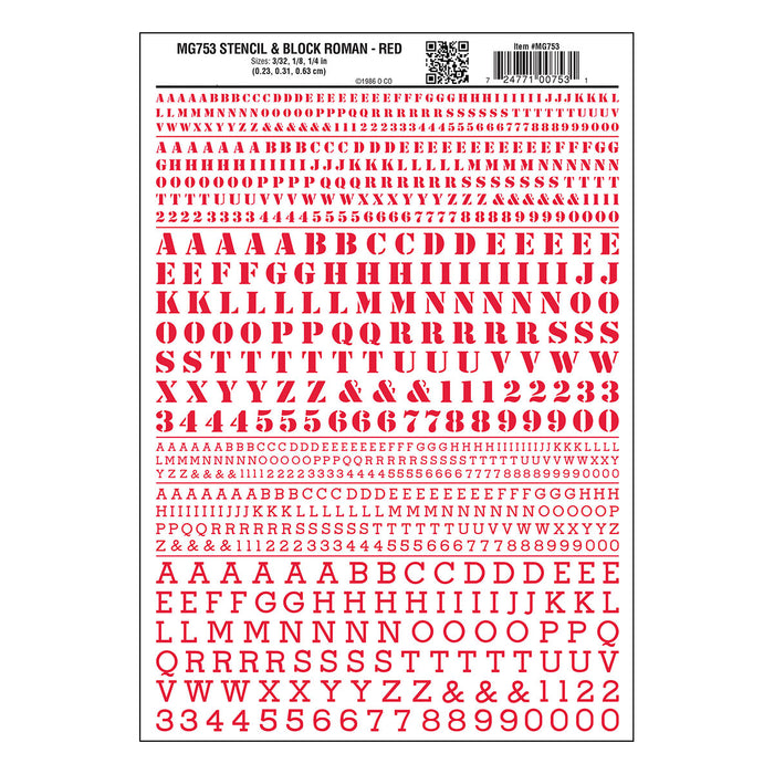 Woodland Scenics MG753 Model Graphics, Roman Stencil / Block Letters, Red