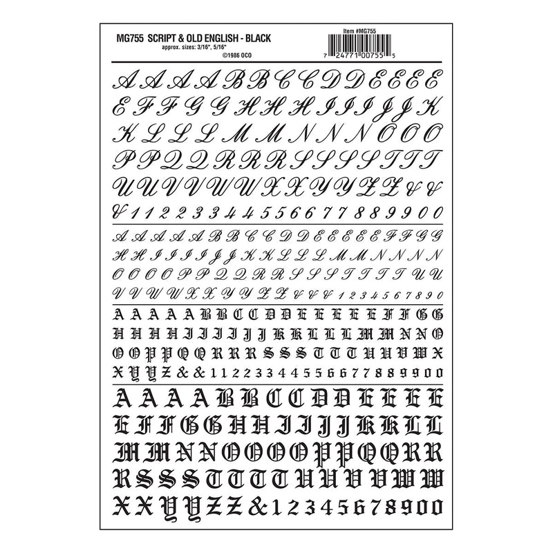 Woodland Scenics MG755 Model Graphics, Script / Old English Letters, Black