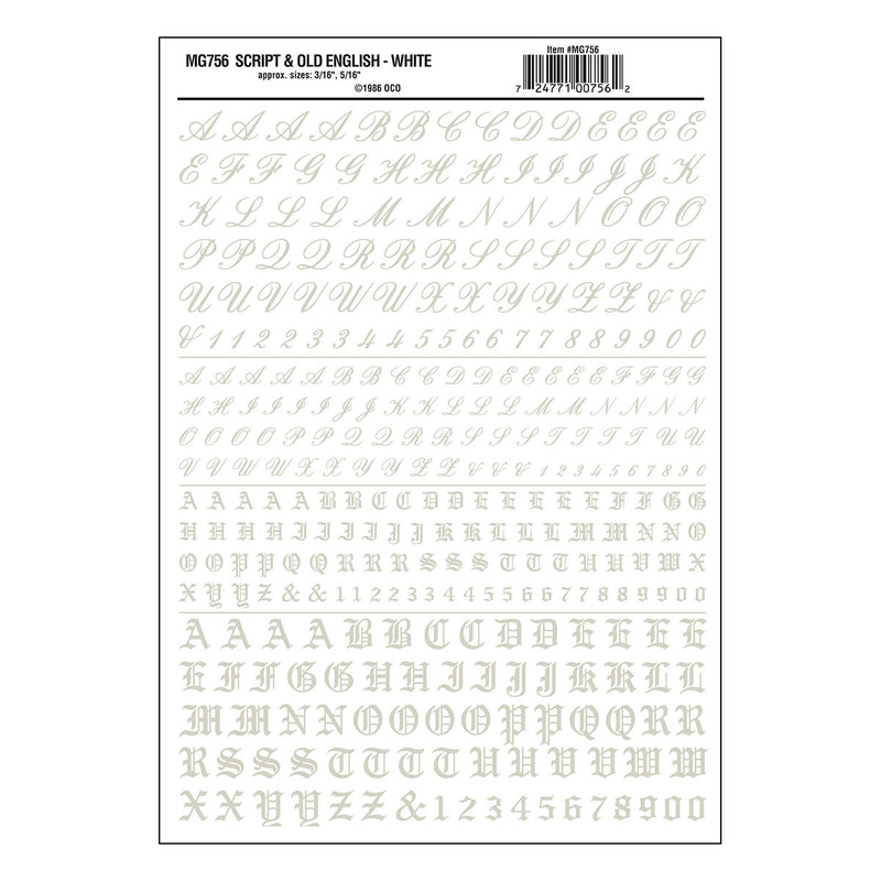 Woodland Scenics MG756 Model Graphics, Script / Old English Letters, White