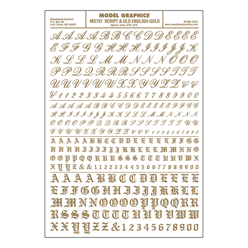 Woodland Scenics MG757 Model Graphics, Script / Old English Letters, Gold
