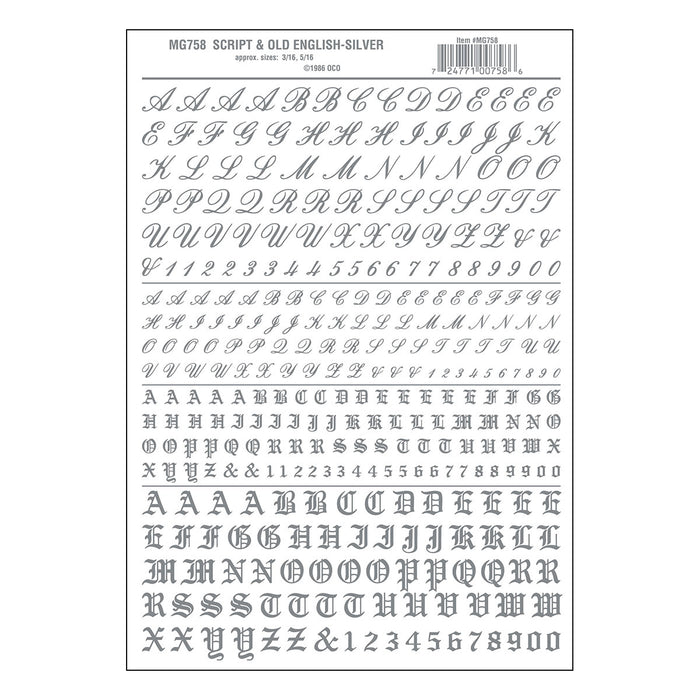 Woodland Scenics MG758 Model Graphics, Script / Old English Letters, Silver