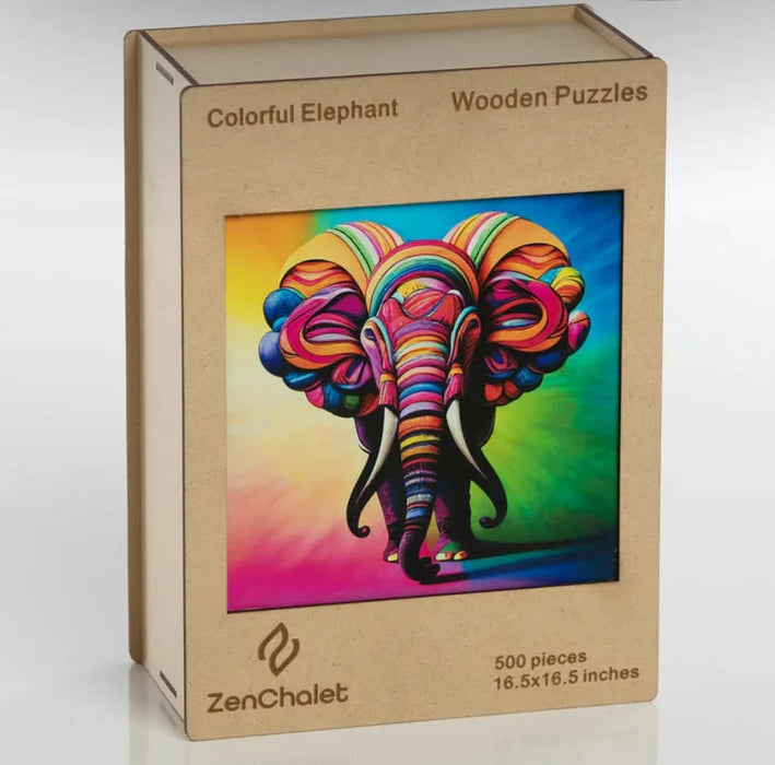 Zen Chalet CE500 Colorful Elephant 500 Piece Wooden Jigsaw Puzzle
