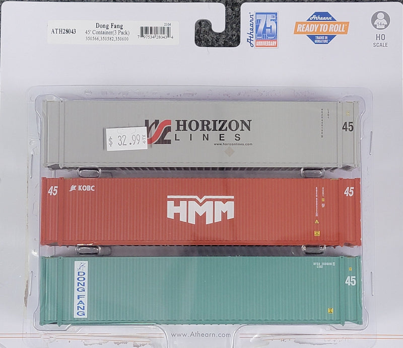 Athearn HO Scale 45' Container Dong Fang HMM and Horizon Lines Mixed 3 Pack