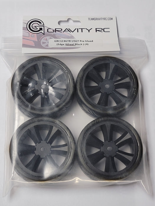 Gravity RC 124GTB USGT  Pre-Glued Tires on Black GT Wheels (Set of 4)