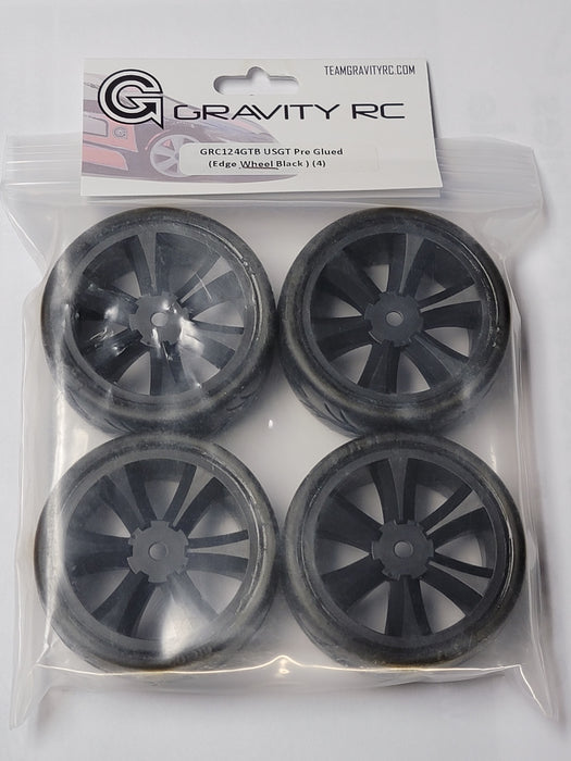Gravity RC 124GTB USGT  Pre-Glued Tires on Black GT Wheels (Set of 4)