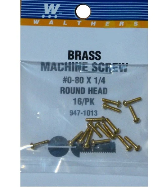 Walthers 947-1013 0-80 Brass Round Head Machine Screws 1/4 x .060" 16 Pack