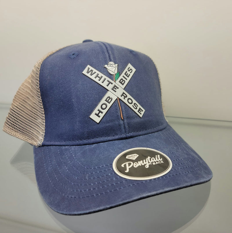 White Rose Hobbies WRH Logo Outdoor Cap PNY100M Ponytail Mesh Back Ladies Hat - Navy/Tea