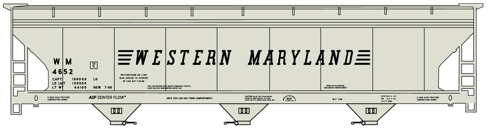 Accurail 2113 HO Scale ACF 3 Bay Covered Hopper Western Maryland WM 4652 Kit