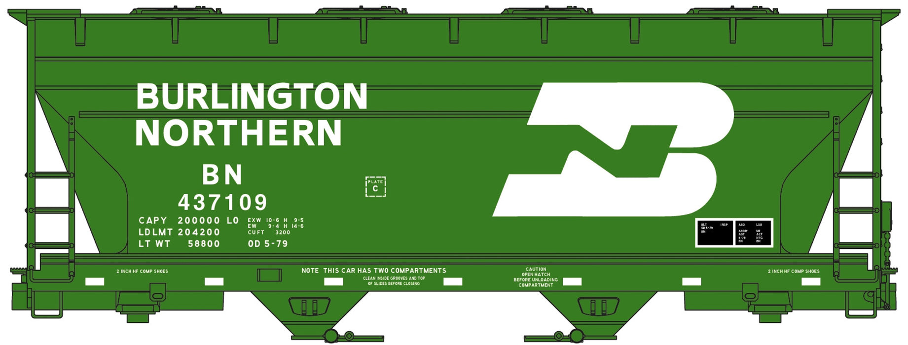 Accurail 2205 HO Scale ACF 2 Bay Covered Hopper Burlington Northern BN 437109 Kit
